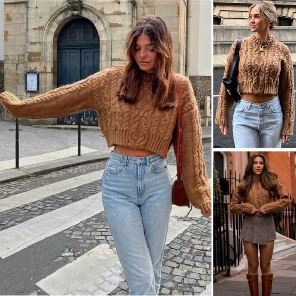 NWT ZARA Bloggers Fave Cable Knit Cropped Sweater Tan Brown Size Small - Picture 1 of 11